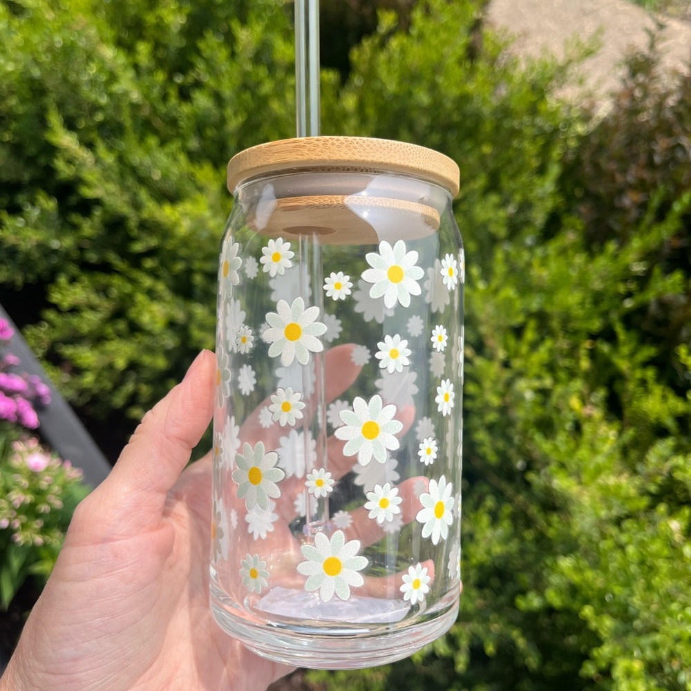 Floral Glass Tumbler with Bamboo Lid